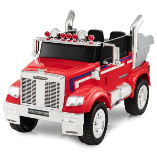 Licensed 12V Freightliner Kids Ride On Truck with Dump Box and Lights Red