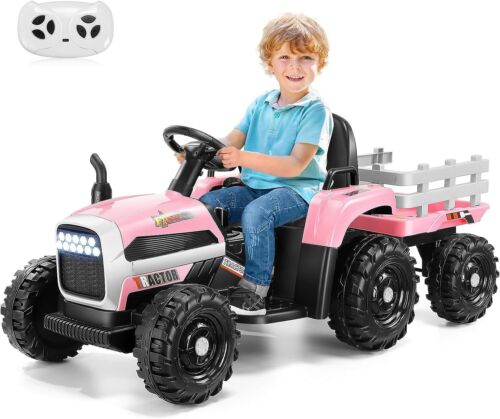 12V Electric Tractor Ride-On Toy Car with Trailer for Kids - Pink