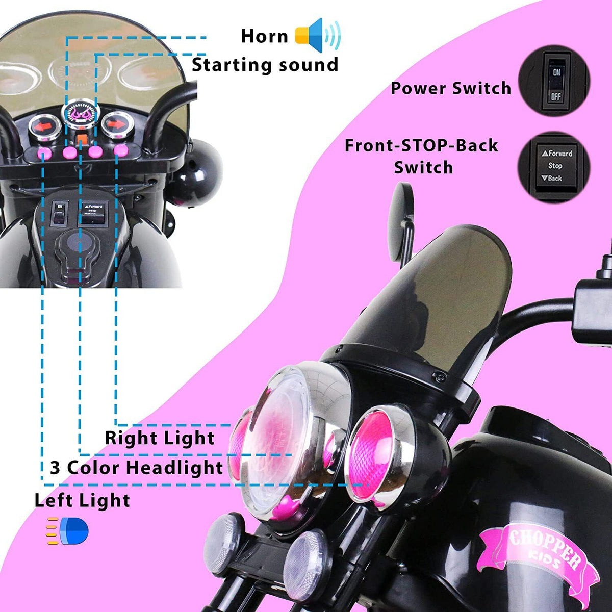 Kids Ride On Motorcycle Toy 3 Wheel Chopper with LED Headlights Battery Powered Harley Pink