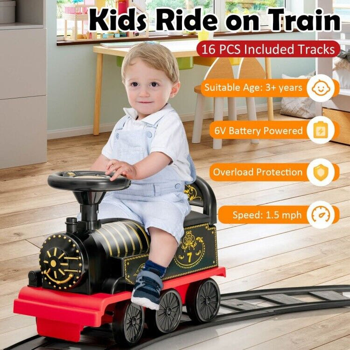 6V Ride On Train Electric Toy Car with Track Lights Music and Storage for Toddlers Black Size 7.3 x 6.7