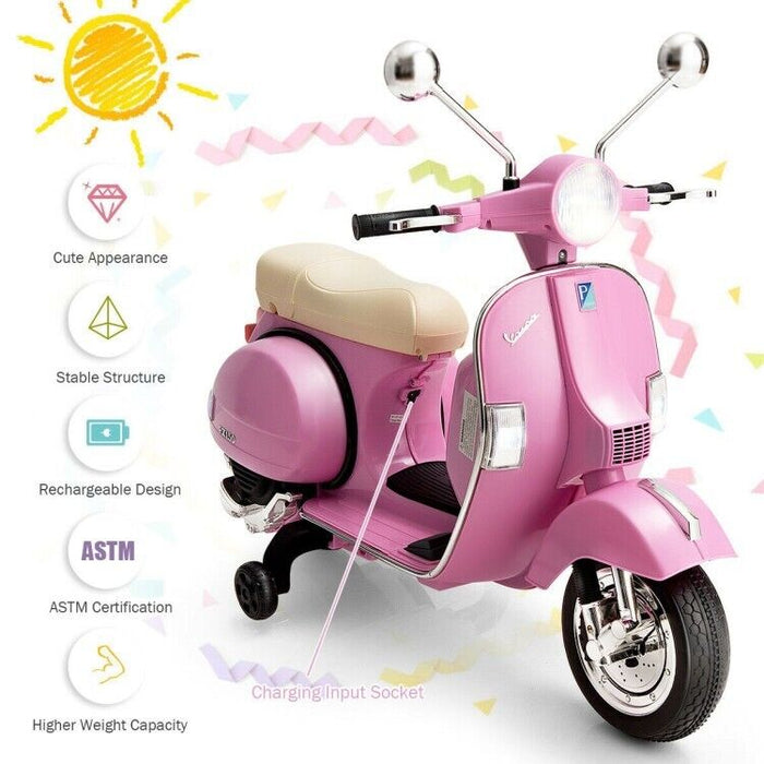 Kids Ride On Motorcycle 6V Battery Powered Vespa Compatible Scooter with Training Wheels Headlight MP3 Music Horn Electric Bike for Ages 3