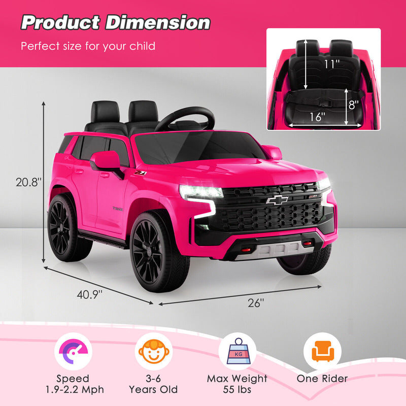 Licensed Chevrolet Tahoe Kids Ride On Car 12V Battery Powered Electric Truck SUV RC Vehicle with Light Music Pink