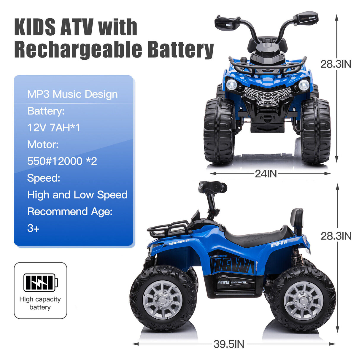 Electric 4 Wheeler ATV Quad for Kids with 2 Speeds MP3 Player and LED Lights