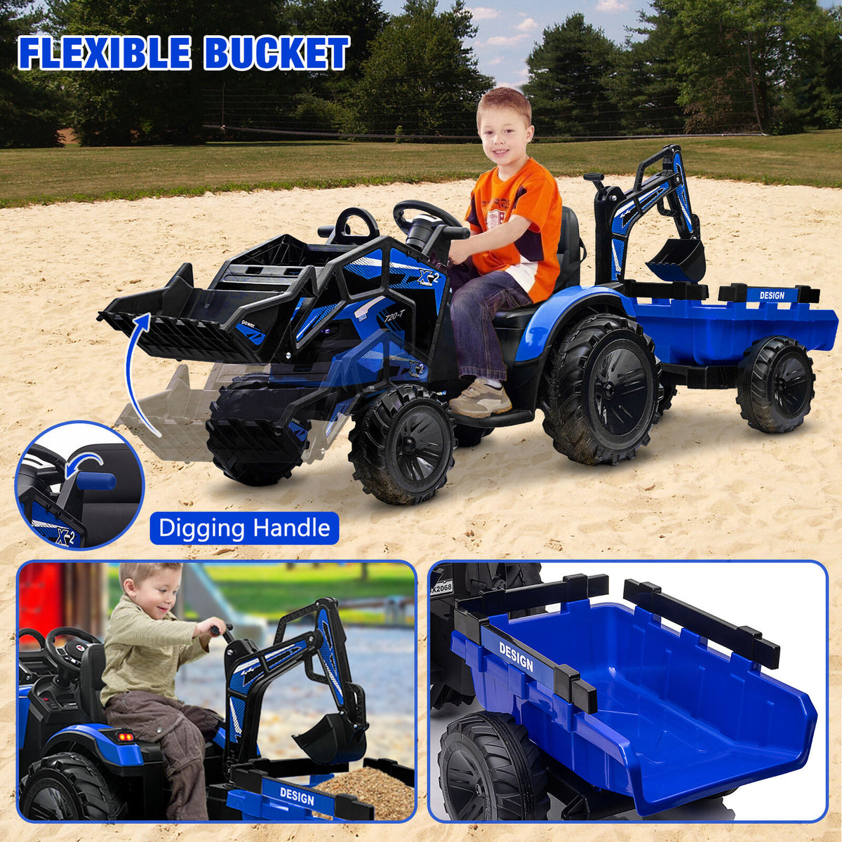 Electric Ride On Tractor with Excavator Bulldozer and Trailer for Ki