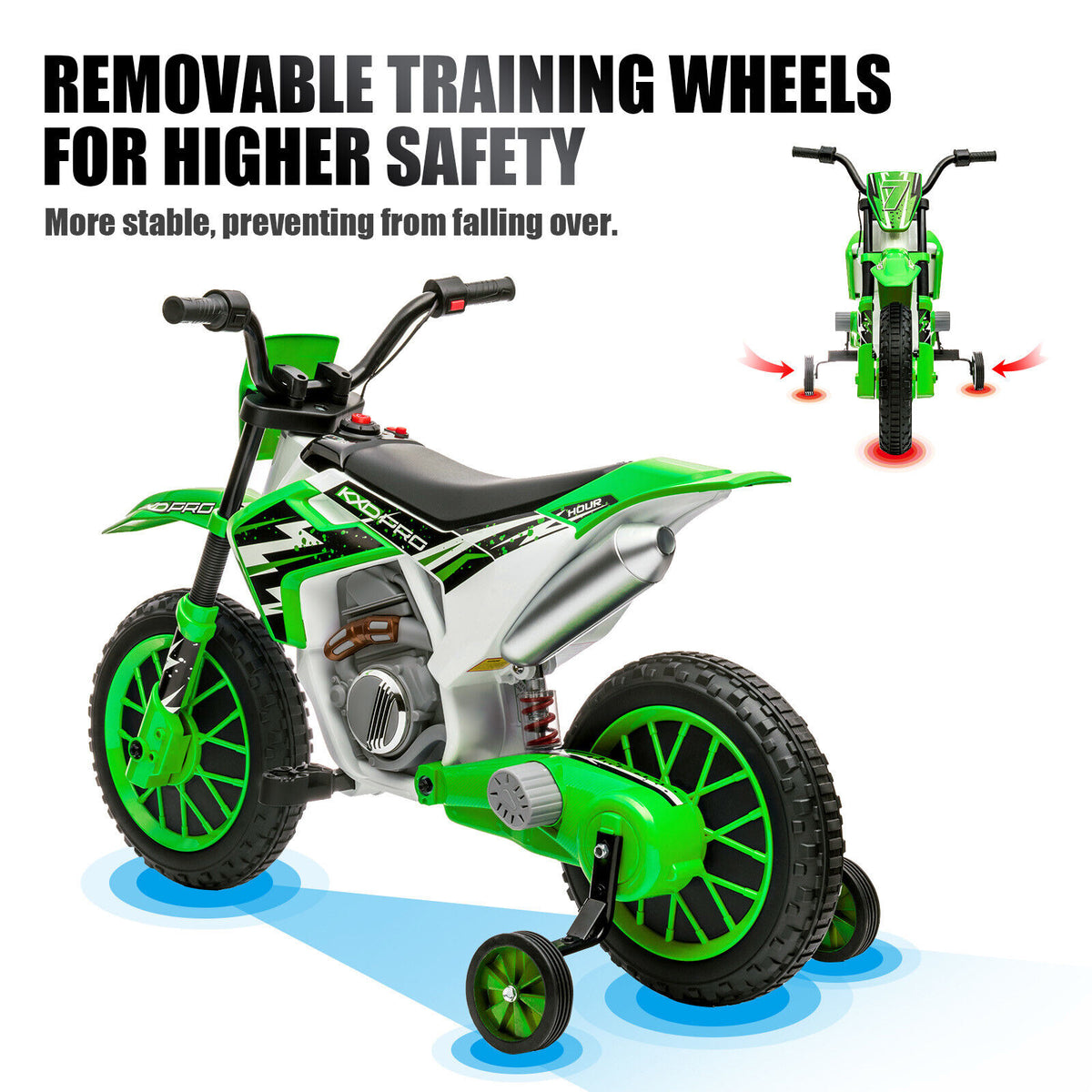 Electric Motorcycle for Kids Dirt Bike 12 Volt Battery Powered Ride On Toy Rechargeable Motorbike w Training Wheels Green Assembled