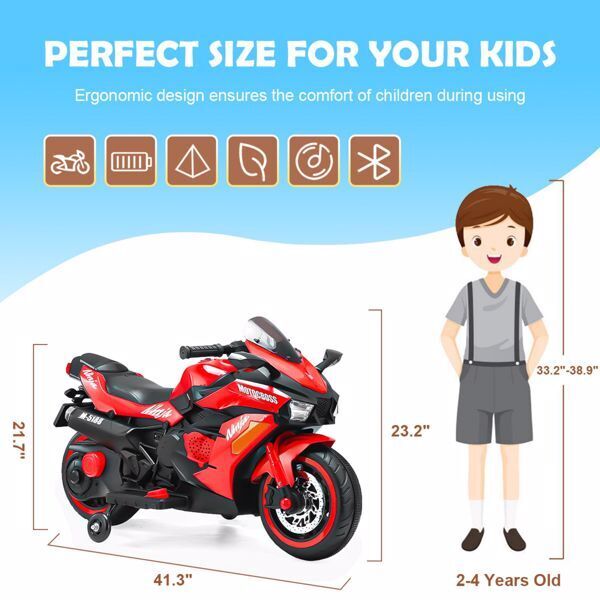 12V Battery Motorcycle 2 Wheel Motorcycle Kids Rechargeable Riding Electric Car Red