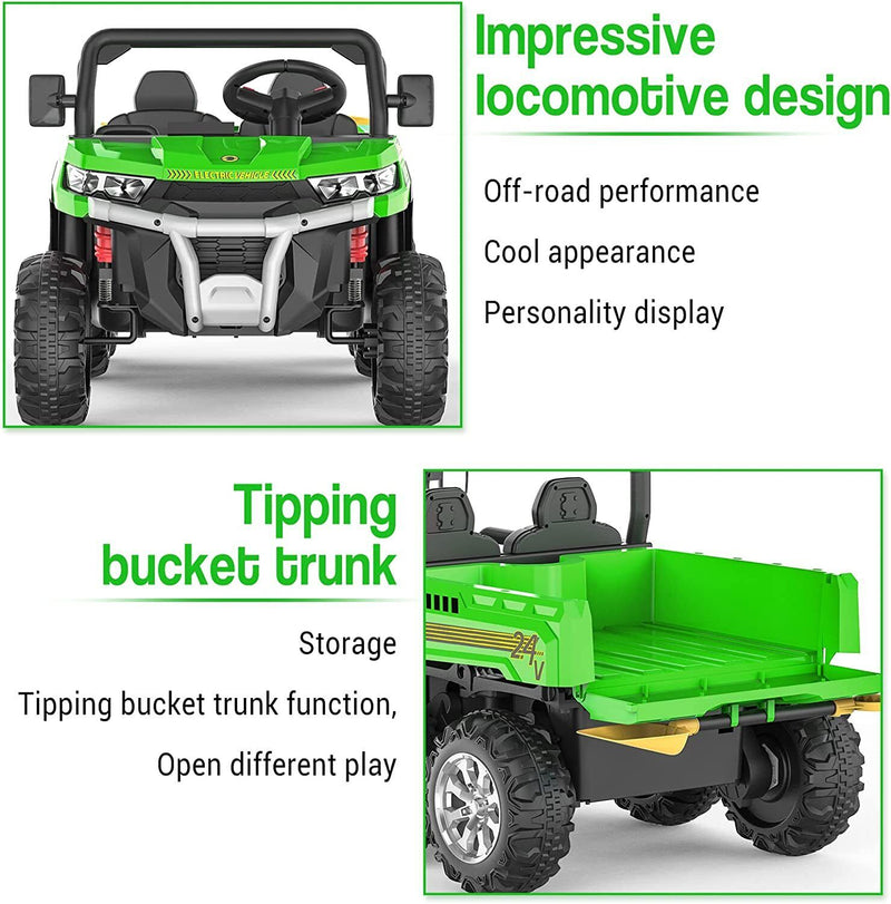 Green 2-Seat Dump Truck Ride-On Toy with 24V Battery Power and 6 Wheels for Kids