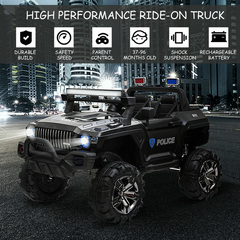 Police Truck RC Ride-On Car for Kids with Remote Control, LED Lights, and MP3 Player - Black