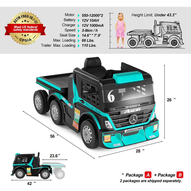 12V10AH Battery Powered Kids Ride On Truck with Trailer and Remote Control