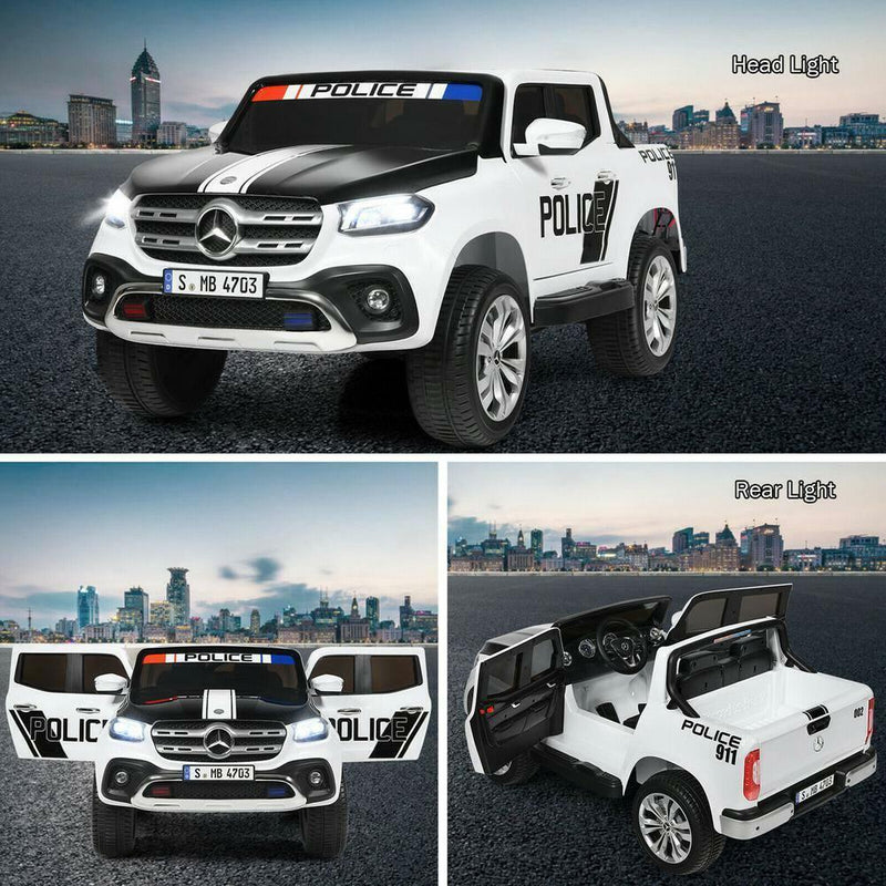 Police Car Ride-On Toy for Kids - 2 Seater Licensed Mercedes Benz X Class RC Trunk