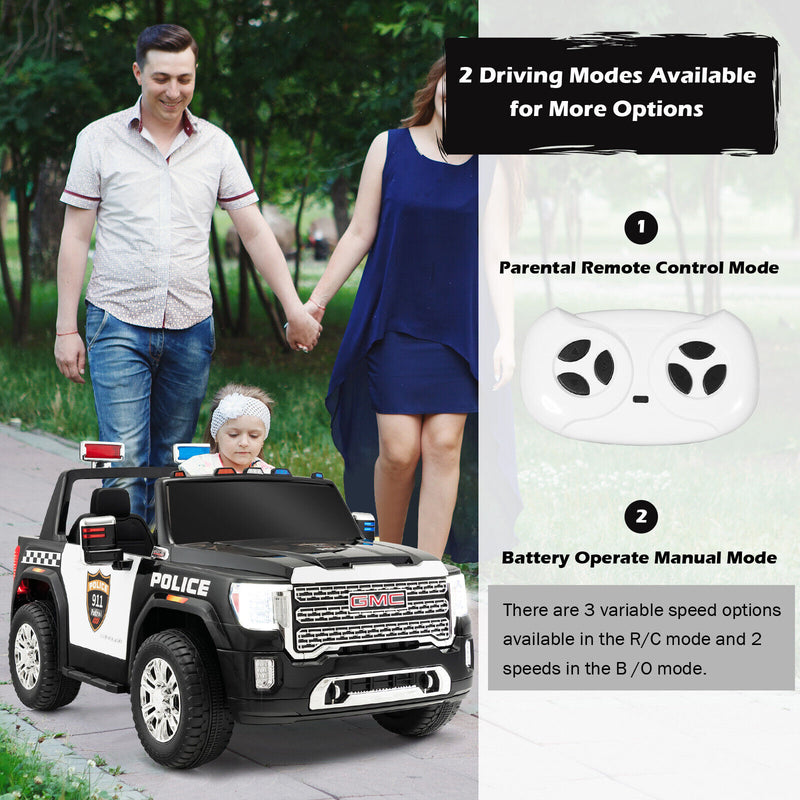 Licensed GMC Kids Ride On Police Car 2-Seater Truck with Remote Control and Music - 12V