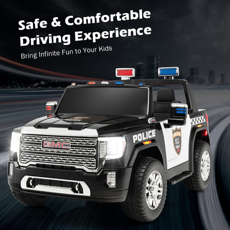 Licensed GMC Kids Ride On Police Car 2-Seater Truck with Remote Control and Music - 12V