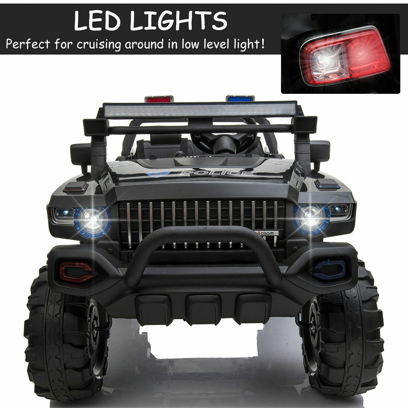 Police Truck RC Ride-On Car for Kids with Remote Control, LED Lights, and MP3 Player - Black