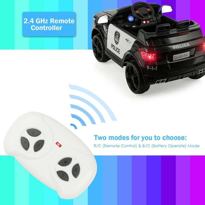 12V Electric Police Car for Kids with Rechargeable Battery, Music and Bluetooth Sounds