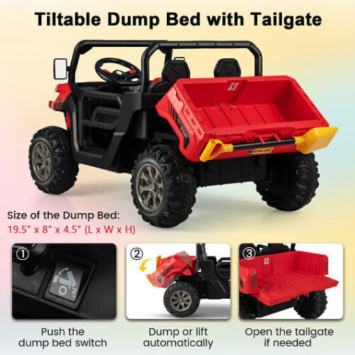 Red 2-Seater Kids Dump Truck with Dump Bed and Shovel for Outdoor Play