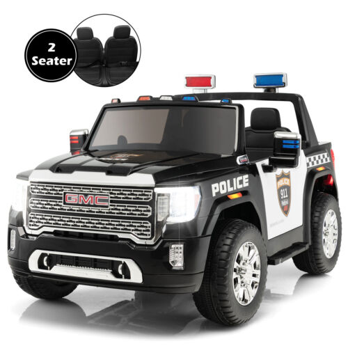 Licensed GMC Kids Ride On Police Car 2-Seater Truck with Remote Control and Music - 12V