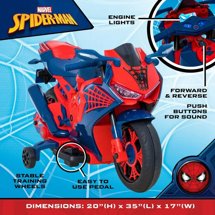 Spiderman 6V Motorcycle Ride On for Kids Ages 3 with Rechargeable Battery and 65lbs Weight Capacity