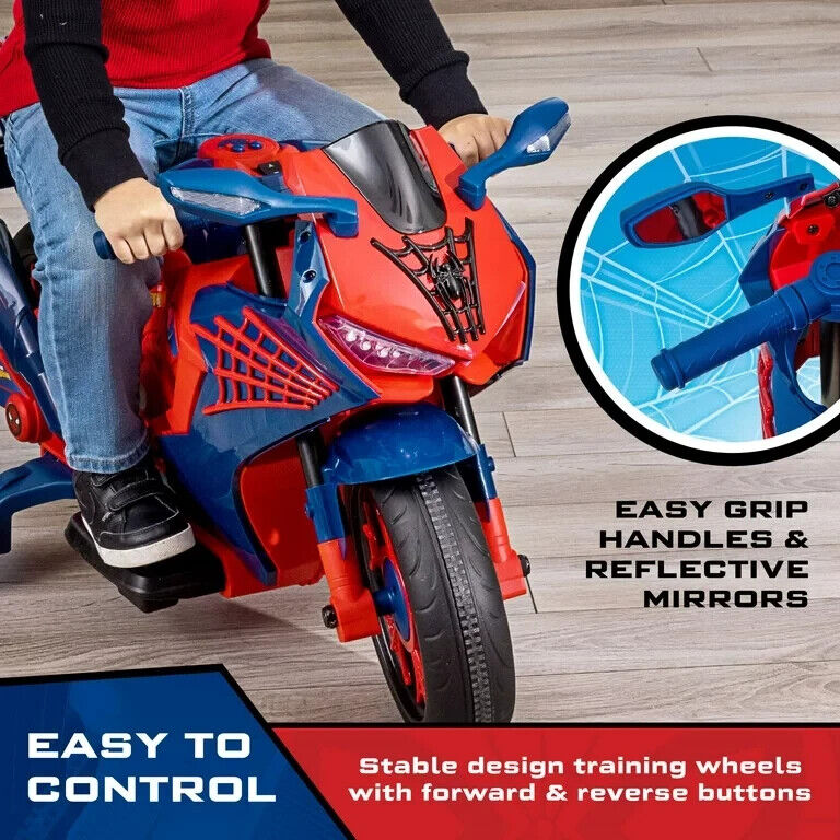 Spiderman 6V Motorcycle Ride On for Kids Ages 3 with Rechargeable B